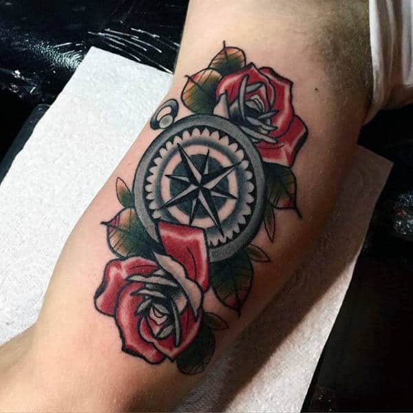 Neo Traditional Compass And Rose Tattoo Male Forearms