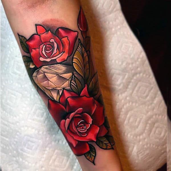 Neo Traditional Diamond With Red Roses Forearm Male Tattoos