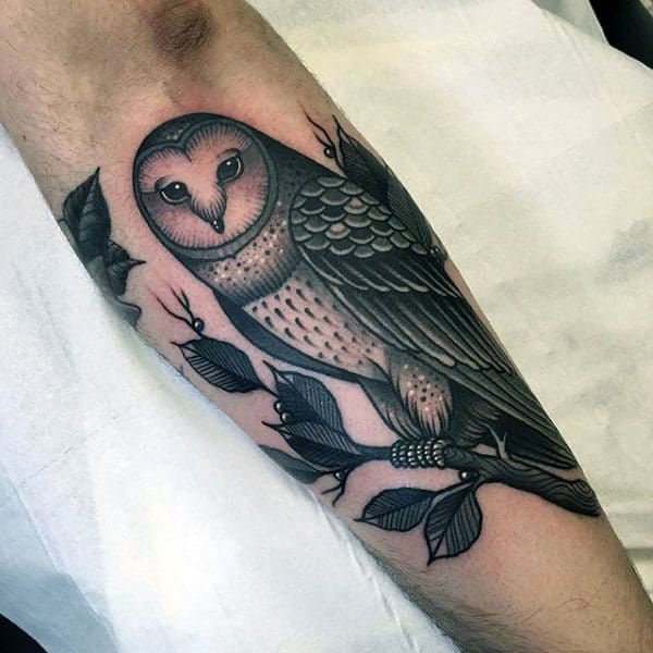 Neo Traditional Guys Barn Owl Tattoo On Inner Forearm