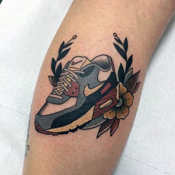 Neo Traditional Guys Nike Shoe With Flower Leg Calf Tattoo