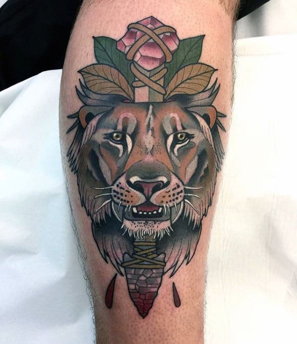 Neo Traditional Lion Dagger Mens Leg Tattoo