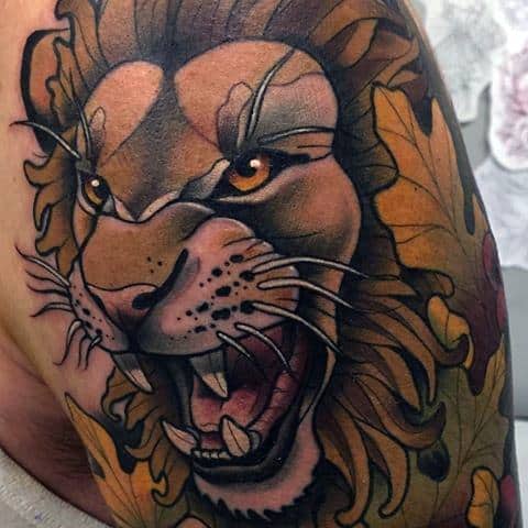 Neo Traditional Lion Mens Tattoo Designs