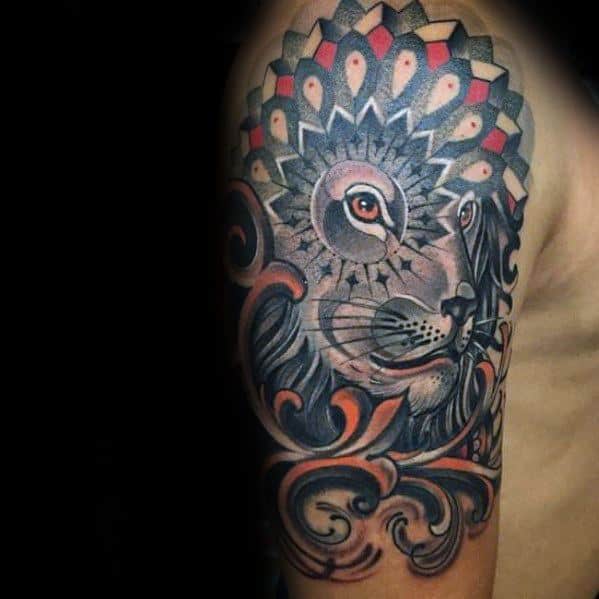 Neo Traditional Lion Tattoo Ideas For Males