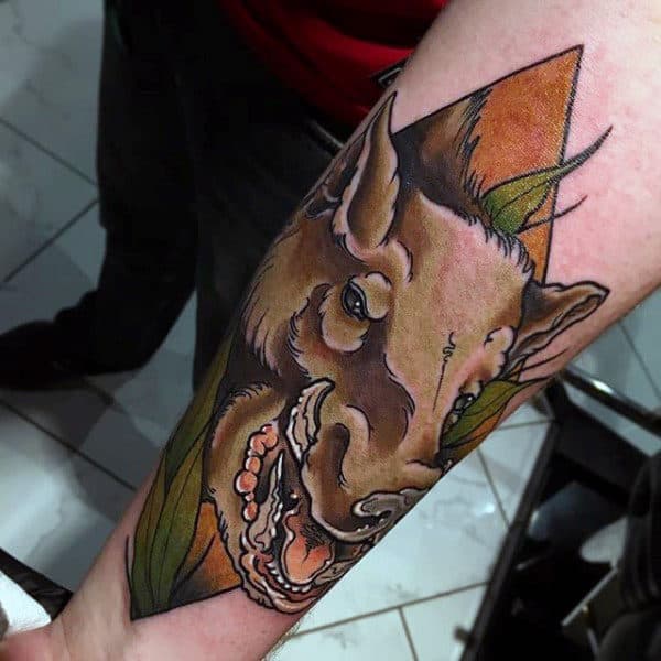 Neo Traditional Male Boar Forearm Tattoos