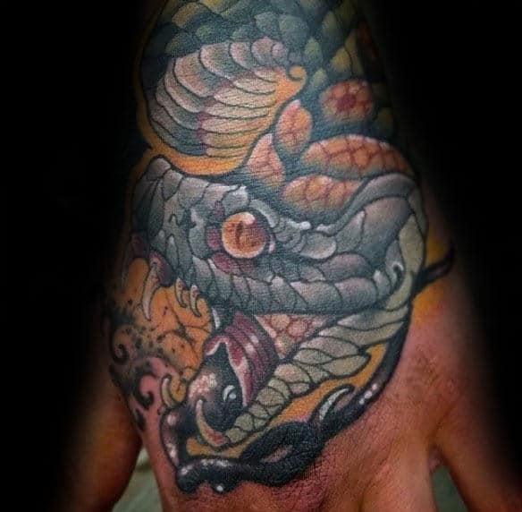 Neo Traditional Male Rattlesnake Hand Tattoos