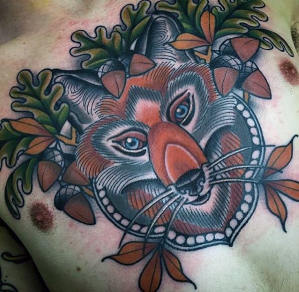 Neo Traditional Mens Fox Acorn Chest Tattoos