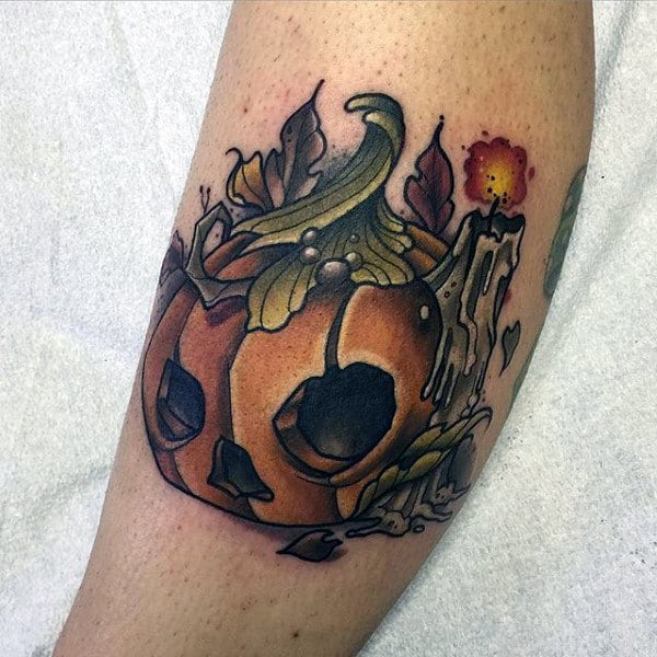 Neo Traditional Pumpkin With Candle Mens Leg Calf Tattoo