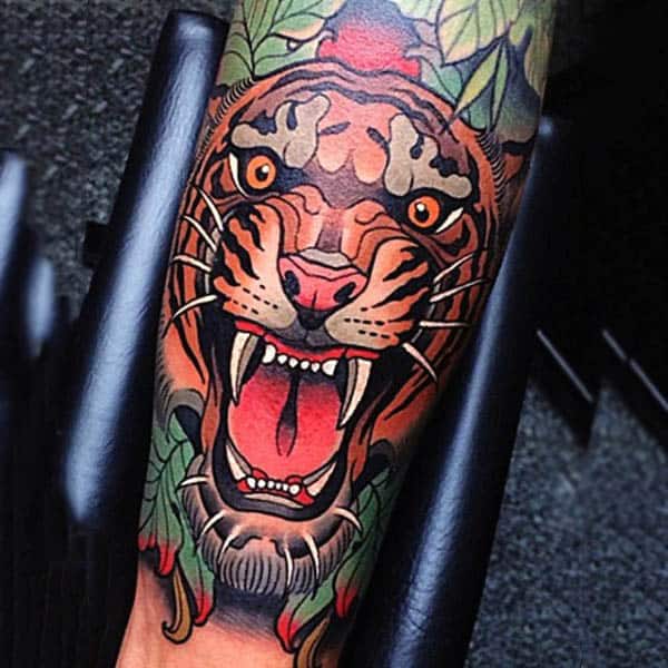 Neo Traditional Realistic Tiger Tattoo Guys Forearms