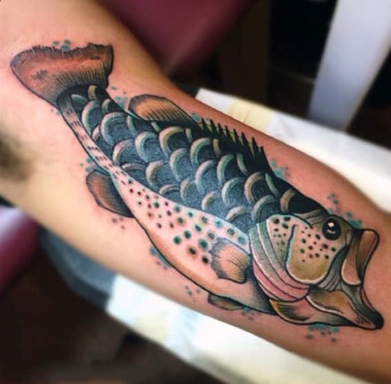 Neo Traditional Shaded Bass Fish Tattoo On Gentleman
