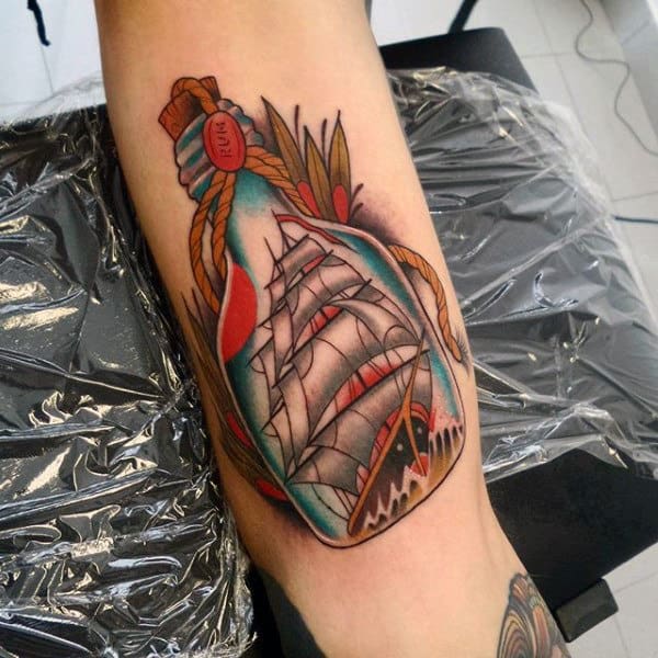 Neo Traditional Ship In A Bottle Guys Arm Tattoos