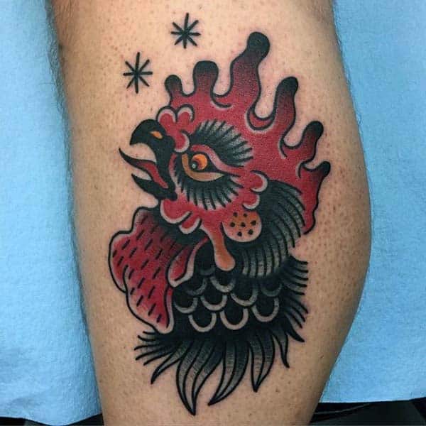 Neo Traditional Style Guys Rooster Tattoo On Calf