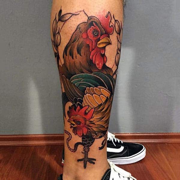 Neo Traditional Style Rooster Tattoo For Men Calf Bright Colors