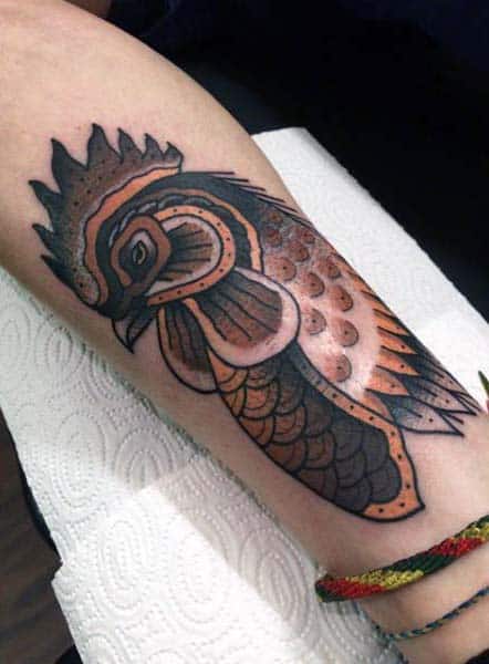 Neo Traditional Style Simple Rooster Tattoo For Men On Forearm