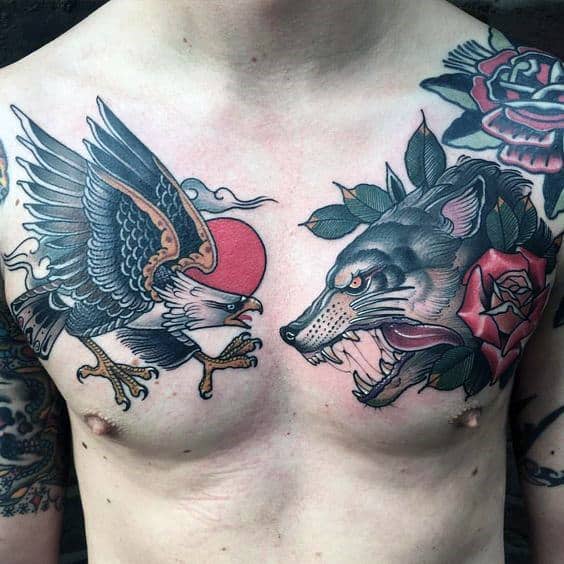Neo Traditional Wolf And Bald Eagle Mens Chest Tattoos