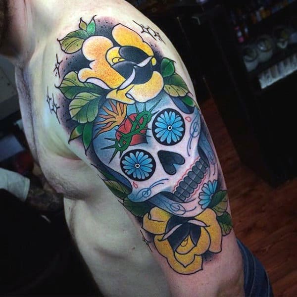 Neo Traditional Yellow Flower Sugar Skull Arm Tattoos For Men Half Sleeve Design Ideas