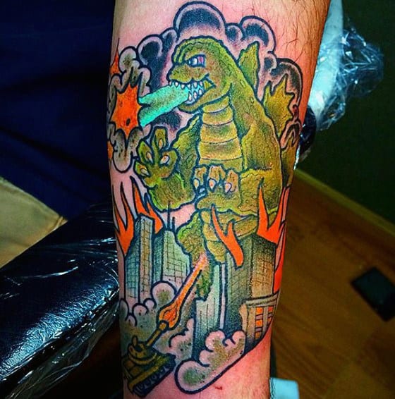 Neon Cartoon Style Godzilla Tattoo For Guy