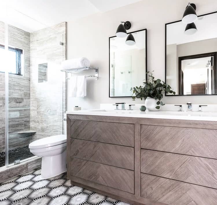 pattern tile bathroom with large wood vanity 