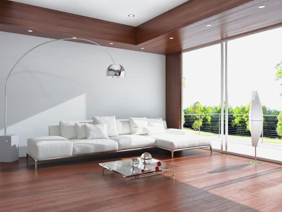 large living room white sofa and hardwood floors