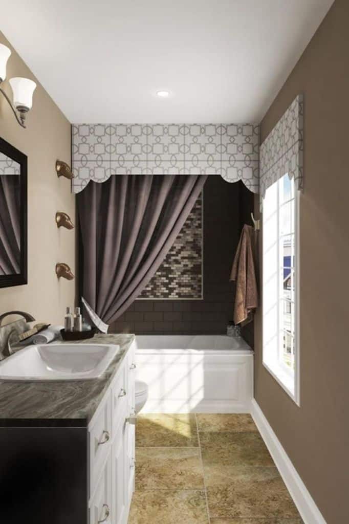 retro bathroom with thick brown shower curtain 