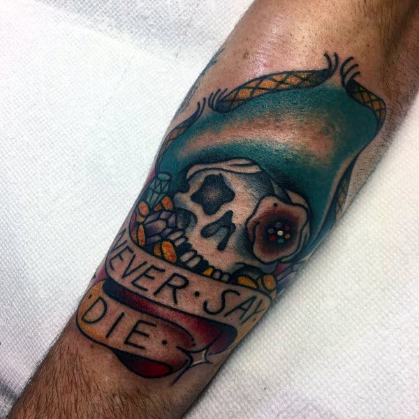 Never Say Die Goonies Skull Forearm Tattoo