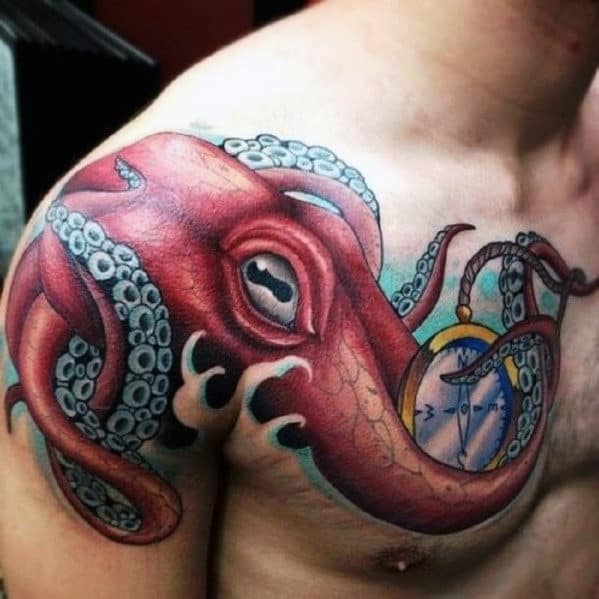 New School Mens Modern Red Octopus With Compass Upper Chest Tattoo