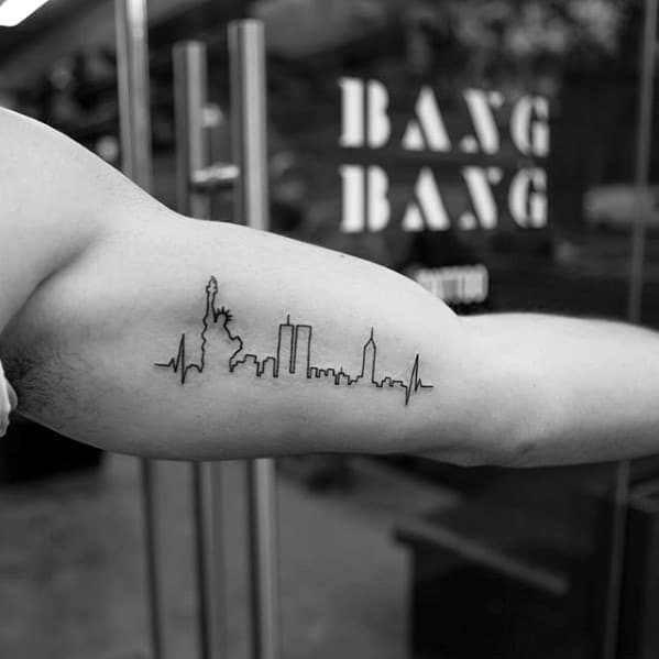 New York City Skyline Small Minimalist Mens Line Inner Arm Bicep Tattoo