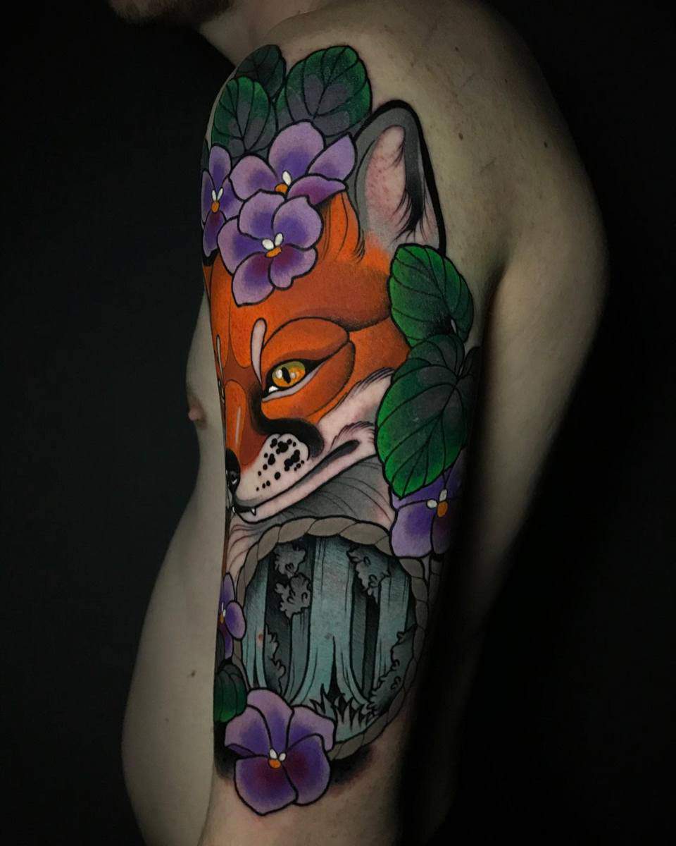 Color Neotraditional Fox Marigold Flower Tattoo  Love n Hate