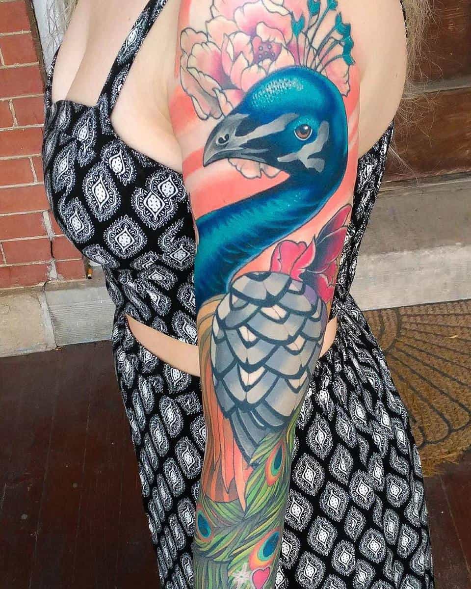 Black and white steampunk peacock tattoo on dark background on Craiyon