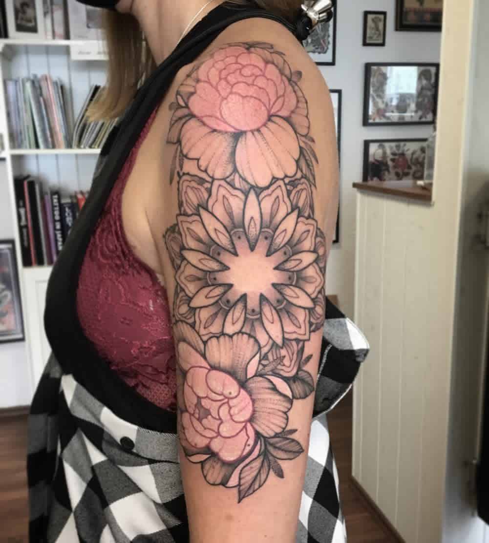 Black Ink Japanese Peony Flowers Tattoo On Left Forearm