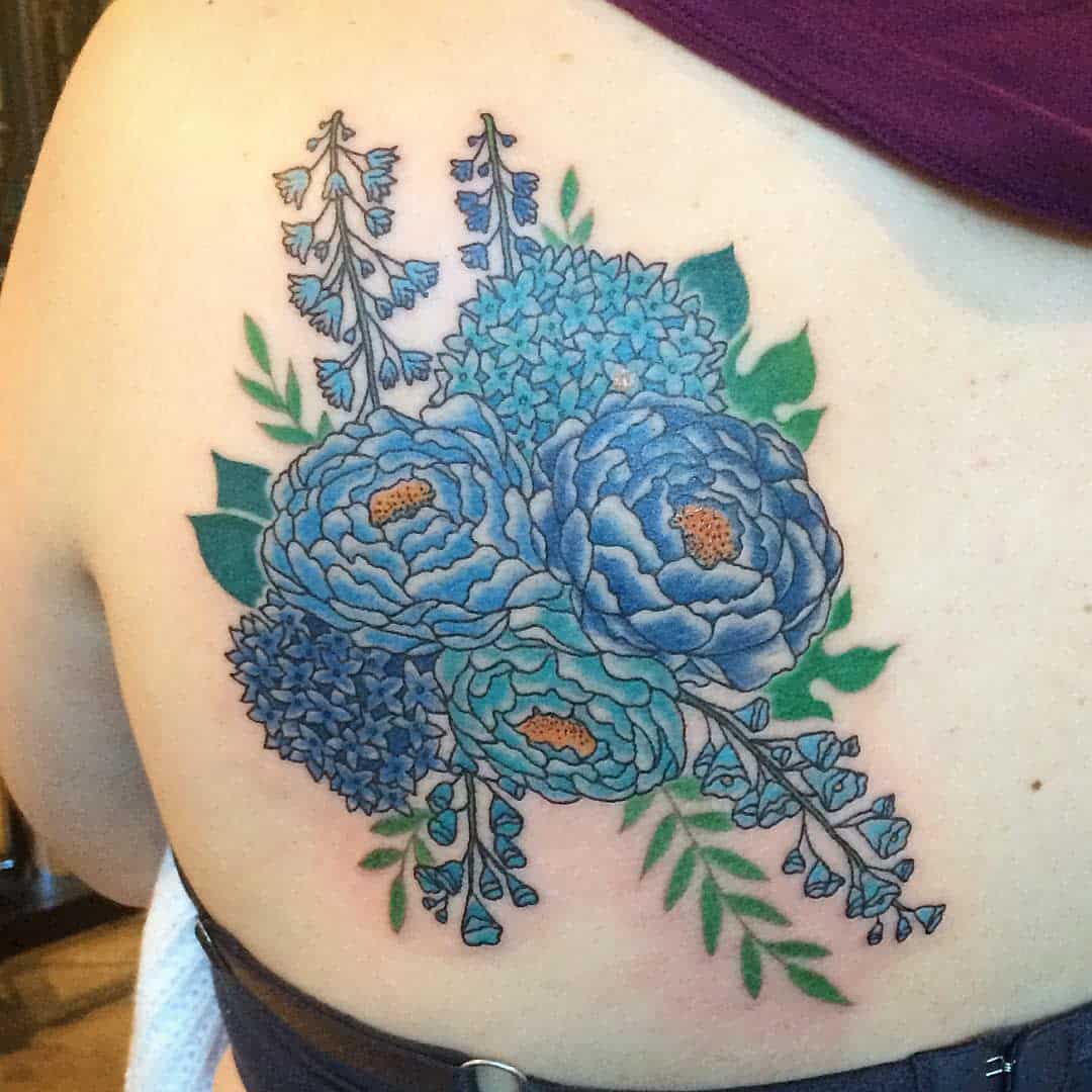 Blue Peony Flower by Tom McMillan sunsettattoonz  Blue flower tattoos Peonies  tattoo Japanese flower tattoo