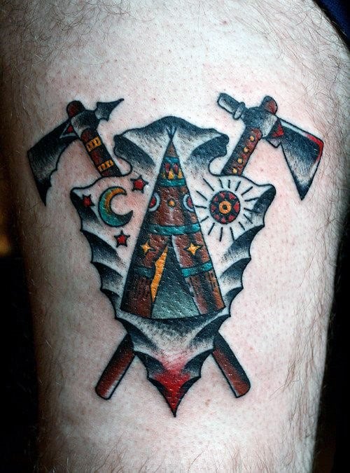 Nice Arrowhead Tattoo With Crossed Axes On Arms Male