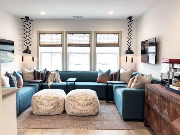 living room blue couch pendant lights 