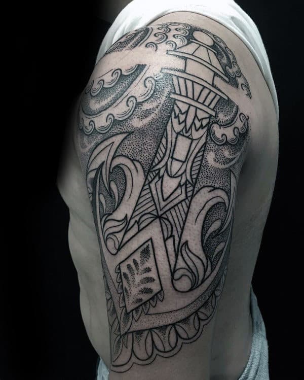 Nice Dotwork Lighthouse Anchor Male Tattoos