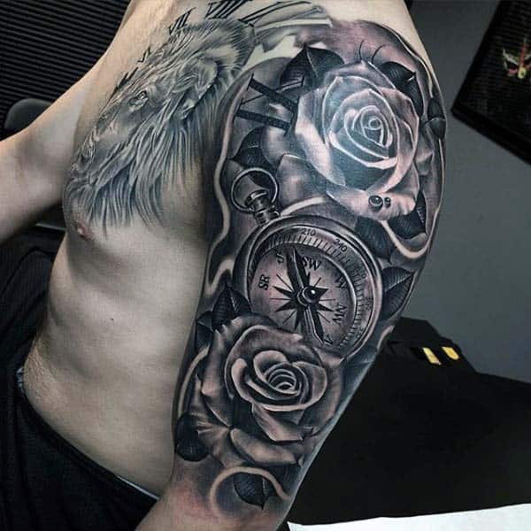 Nice Male Compass And Rose Half Sleeve Tattoos