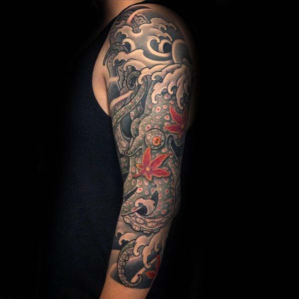 Nice Male Japanese Octopus Half Sleeve Tattoos