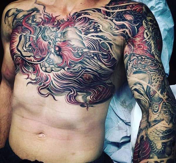 Nice Mens Dragon Chest And Sleeve Tattoo