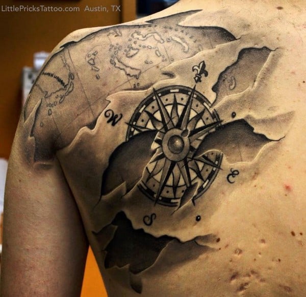 Nice Mens Ripped Skin Map With Compass 3d Upper Back Tattoos