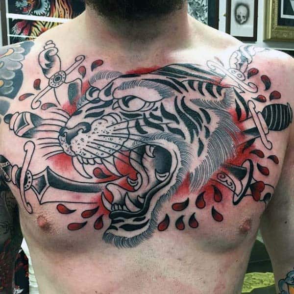 Nice Mens Traditional Tiger Dagger Upper Chest Tattoo