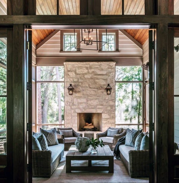 white-washed stone fireplace