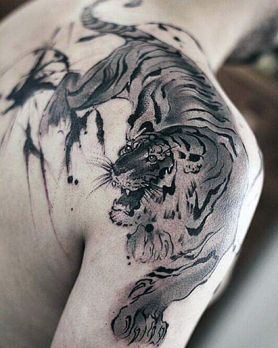 Nice Watercolor Tiger Mens Shoulder Tattoo Designs