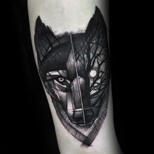 Night Forest Geometric Wolf Arm Tattoos For Guys