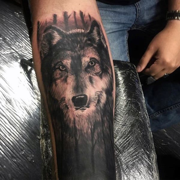 Night Forest Wolf Mens Forearm Sleeve Tattoos