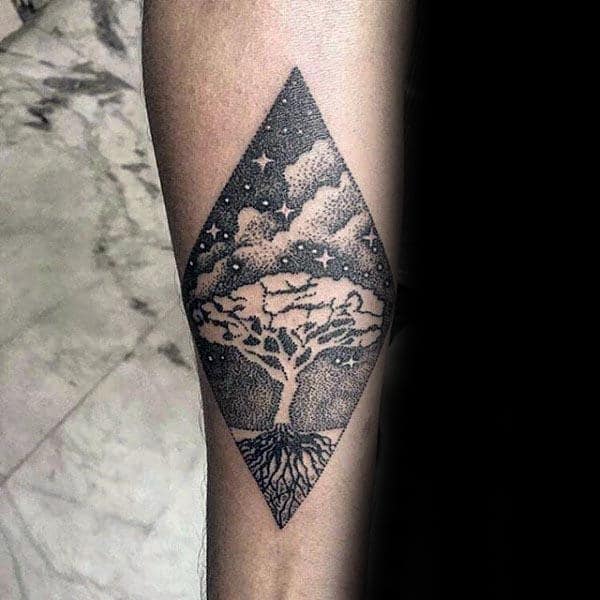 Night Sky Tree Of Life Mens Dotwork Inner Forearm Tattoo