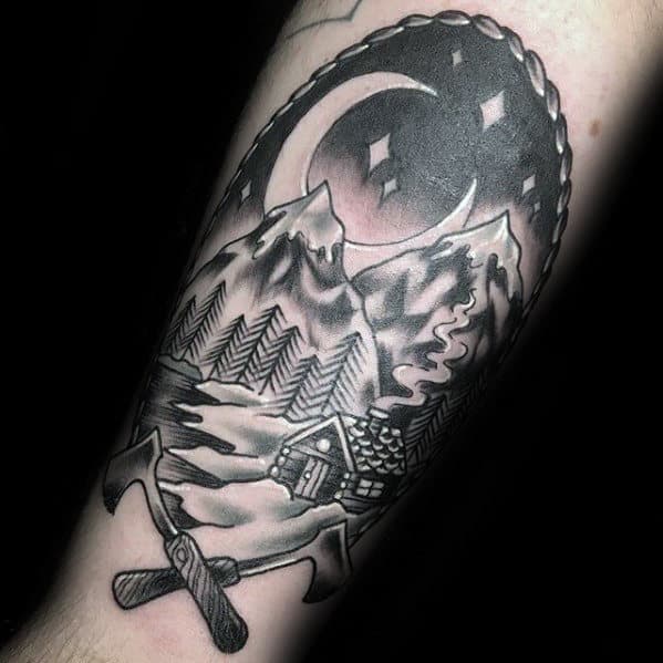 Night Sky With Cabin In Snow Mens Forearm Tattoo