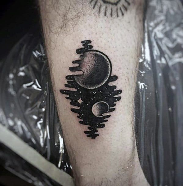 Night Sky With Planets Small Creative Mens Leg Tattoo