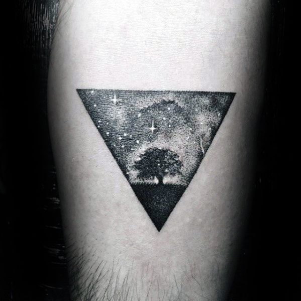 Night Sky With Tree And Stars Mens Simple Triangle Arm Tattoo