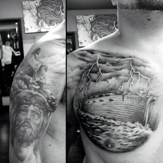 Noahs Ark Christian Tattoo For Men On Chest With Jesus On Arm