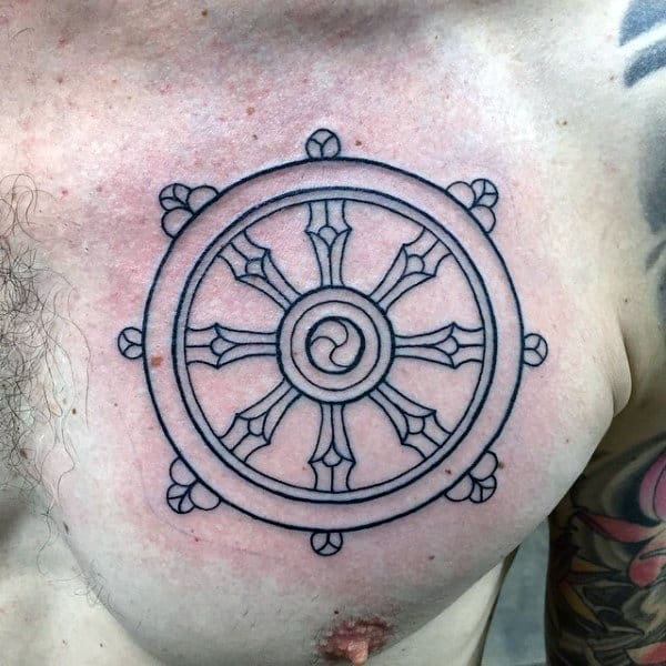 Noble Buddha Octuple Wheel Tattoo For Men On Chest