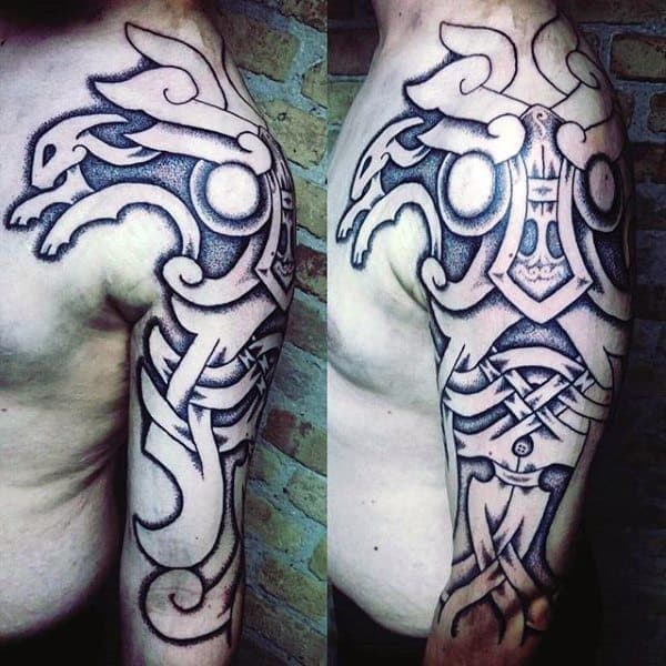 Cool Male Dotwork Upper Chest Norse Runes With Helm Of Awe Tattoo Designs