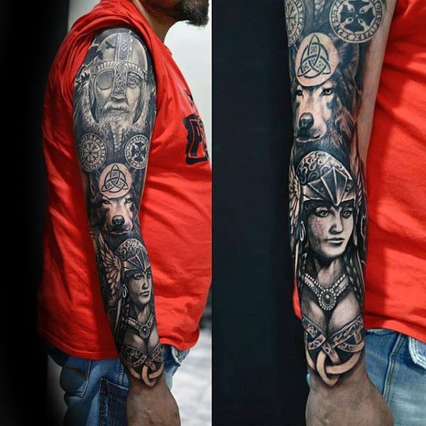 Norse Themed Male Odin Full Sleeve Tattoo